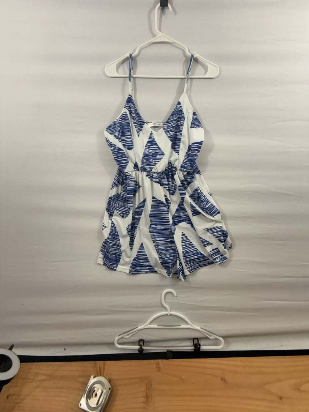 Angashion Romper Size L Blue White Geometric Print V Neck Playsuit